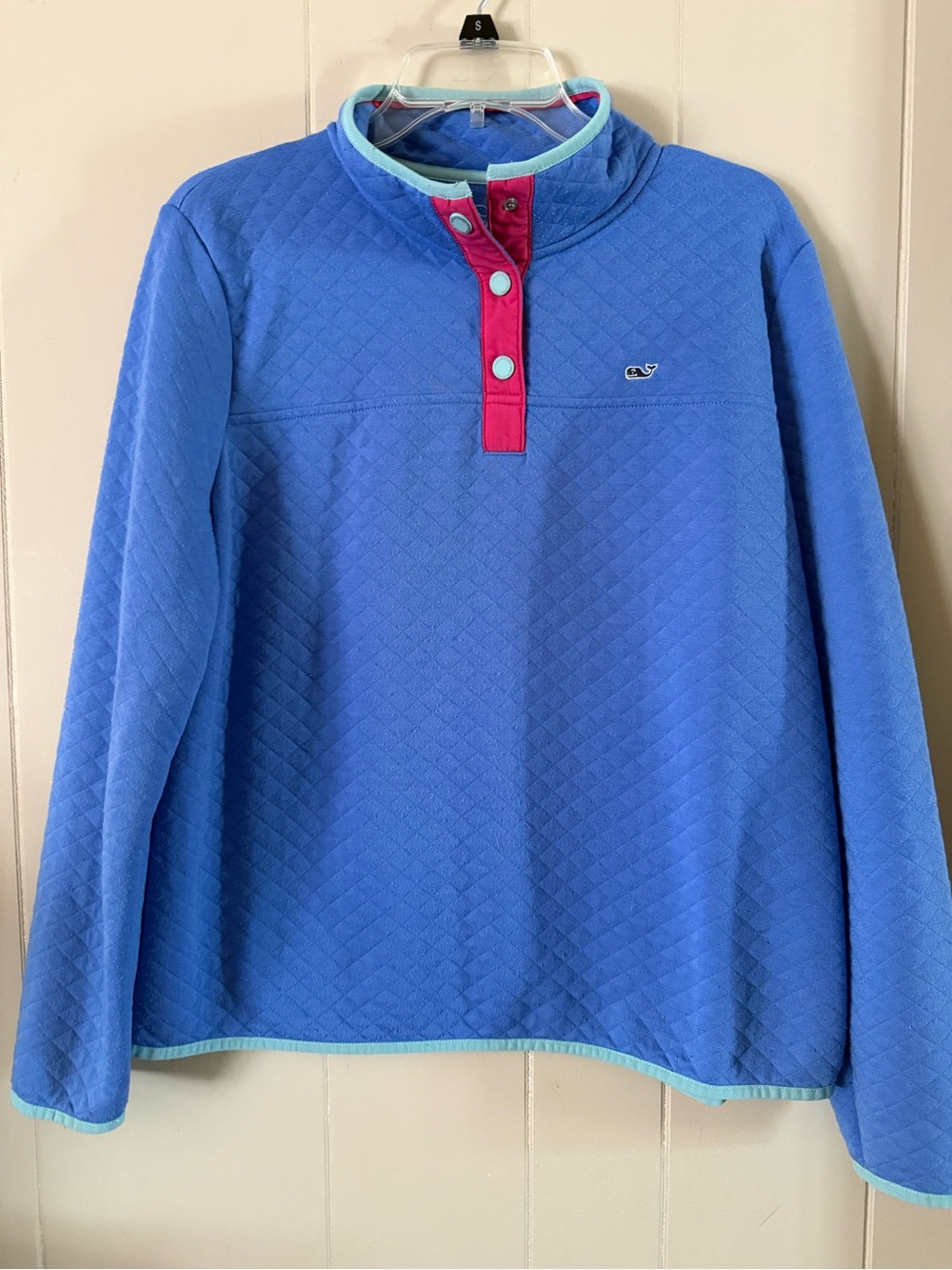 Vineyard Vines Quilted Blue Pullover with Pink Snap Placket